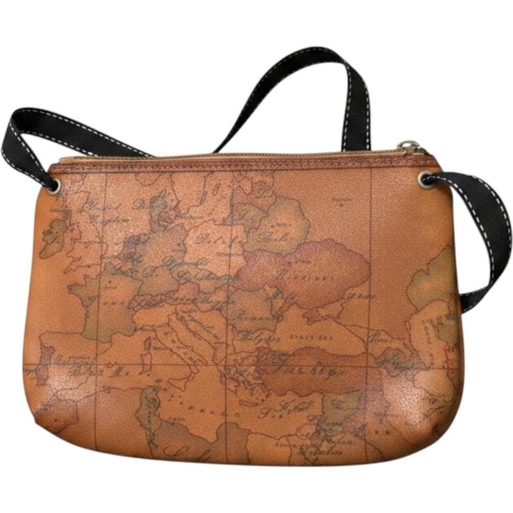 Alviero Martini 1a Classe Handbags - Alviero Martini 1a Classe Geo Map Crossbody Bag Tan Small Travel Pouch Italy
